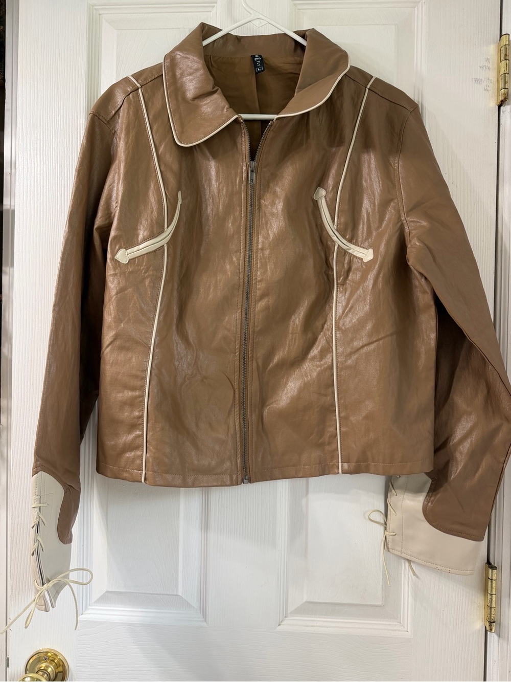 Two fly Faux Leather Zip-Front Jacket in Camel with Contrast Trim